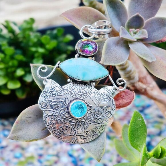 Mystic Fire Topaz, Larimar & Swiss Blue Topaz Forged In Sterling Silver Pendant - Picture 7 of 15